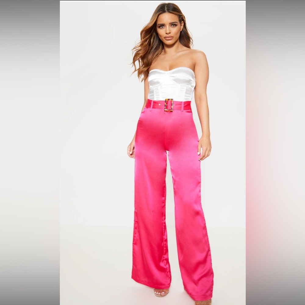 NWT Pink Satin Wide Leg Trousers with Tortoise Belt